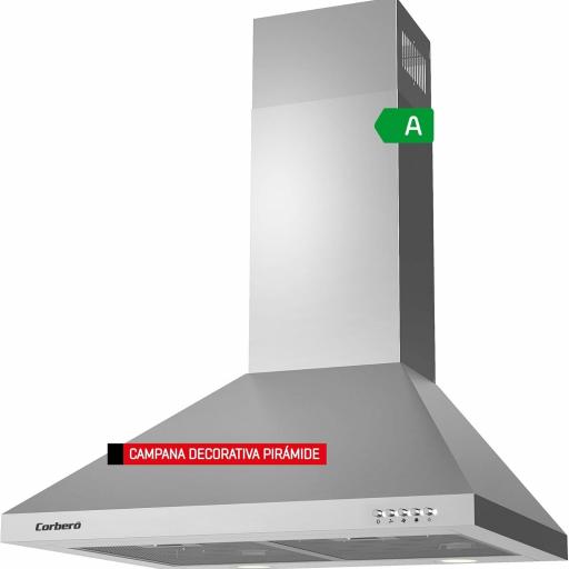 Campana Decorativa Pirámide Inox Corberó 60 cm Caudal 621,71 m3/h 3 Velocidades 2 X Filtro de Aluminio Eficiencia Energética A,