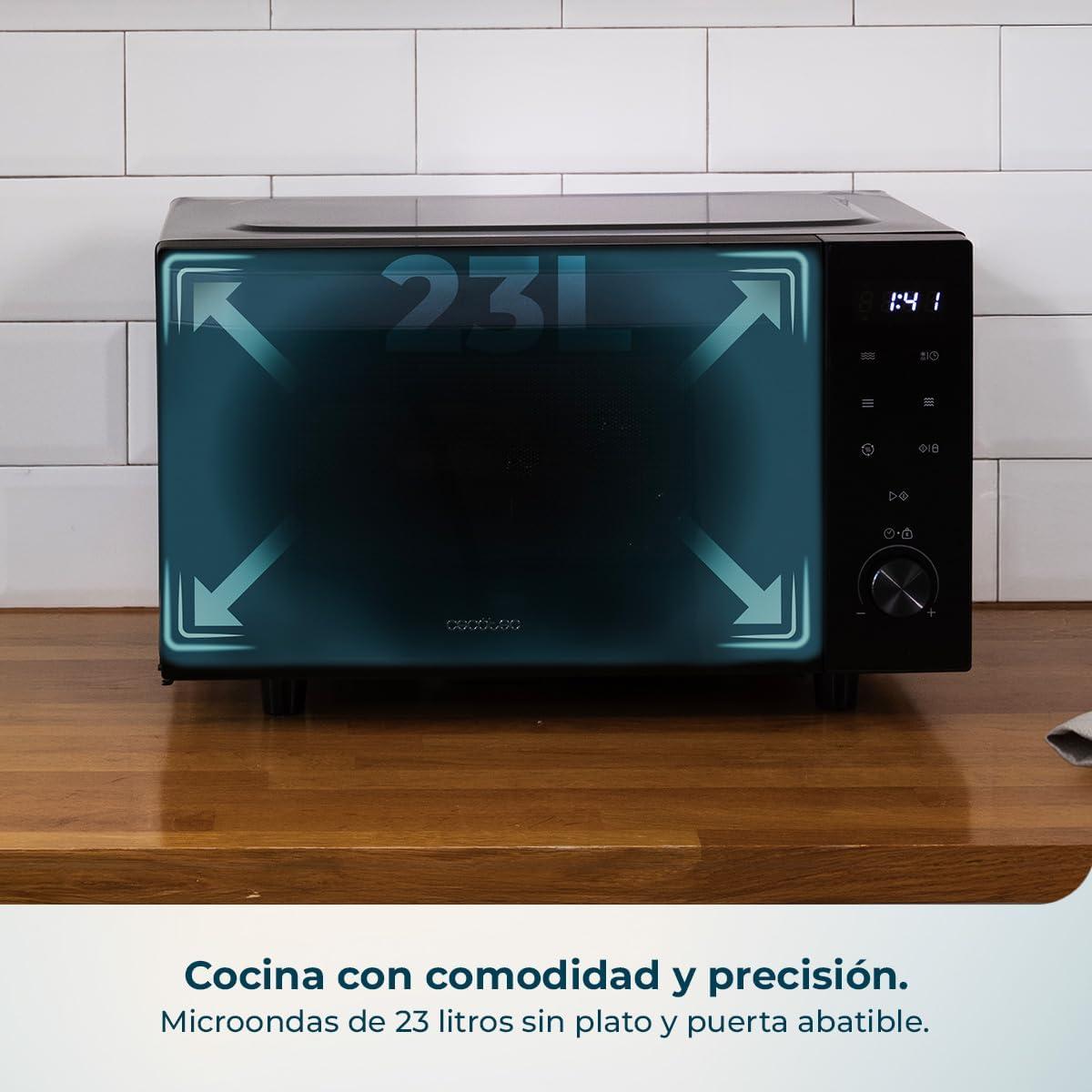 Cecotec Microondas sin Plato con Grill 800W+1000W Grill, 23L, Puerta Abatible, 13 Niveles, 8 Programas, Flatbed, Temporizador 60 Min, Cocina Versátil