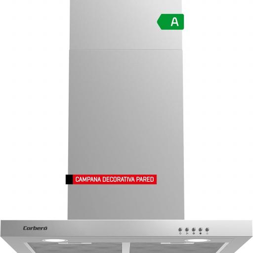  Campana Extractora Corberó - Horizontal 60 cm | 647,7 m3/h | 71 db| 165W | 3 Velocidades | Control por pulsador| 2 Filtros de Aluminio + Filtro Carbón | Inox [Clase de eficiencia energética A]