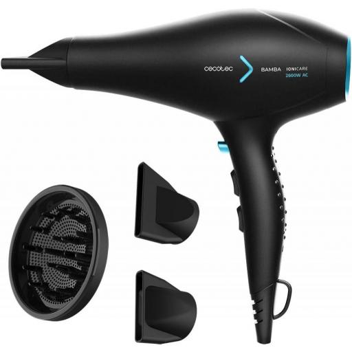 Secador de pelo iónico Cecotec2600 W, Ion real, Dos Boquillas de precisión, Difusor máximo volumen, Ajuste de temperatura y velocidad