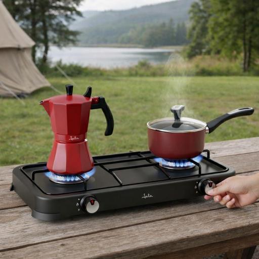 Cocina de Gas Jata portátil de 2 fuego con parrilla, Apta para butano y propano, Tapa protectora extraíble, Ideal para camping, Ocupa poco espacio  [2]