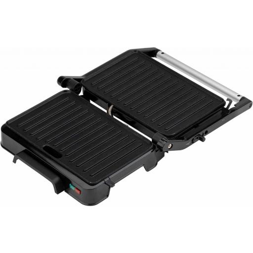  Parrilla eléctrica y grill jATA con placas rayadas antiadherentes de 23 x 14,5 cm. 1000 W. Cocina todo tipo de alimentos. Tapa superior basculante. Apertura 180º. Clip de cierre [3]