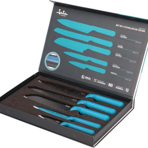 Jata - Cuchillos Cocina, Juego Cuchillos Cocina 5 piezas con caja magnética, Cuchillos de Acero, Mango de polipropileno, Fácil limpieza, Recubrimiento antiadherente