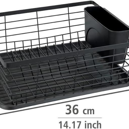 WENKO Escurridor de vajilla «Drip», soporte de escurrimiento para vajilla, adecuado para colocar junto al fregadero, de metal con recubrimiento de polvo y plástico, 36 x 15 x 30,3 cm, en color negro