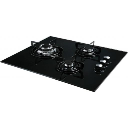 Placa Cristal Gas Cata , 3 Fuegos, Ancho 59 cm, Encimera de Gas Butano, Acabado en Cristal Negro [1]