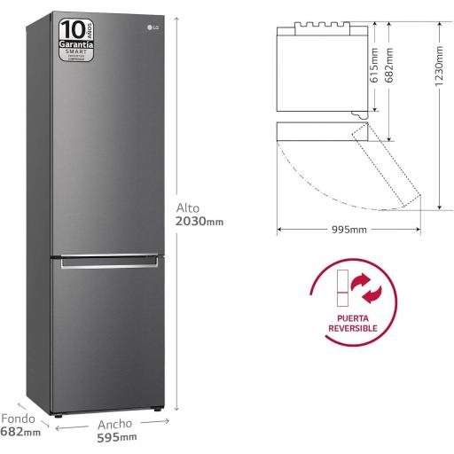 Frigorífico Combi LG 203X60CM iNOX ANTIHUELLAS   Door Cooling+, Total No Frost con Congelador, , Sistema Autodiagnóstico, Fresh Converter, Clasificación D, 