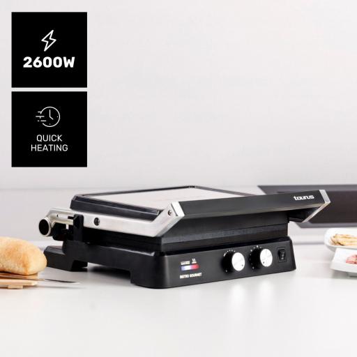 Taurus - Grill 2600W | 2 en 1: Grill y Plancha | 29x23 cm | Placas con Stair System | Dual Heat Tech | Revestimiento Antiadherentes sin PFOA | Bandeja Recogegrasas | Timer de hasta 30 Minutos [1]