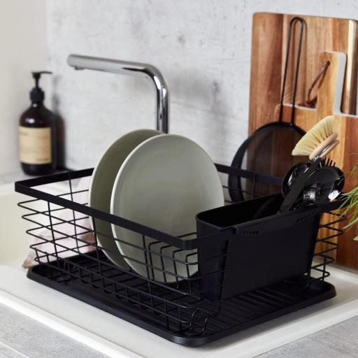 WENKO Escurridor de vajilla «Drip», soporte de escurrimiento para vajilla, adecuado para colocar junto al fregadero, de metal con recubrimiento de polvo y plástico, 36 x 15 x 30,3 cm, en color negro [2]