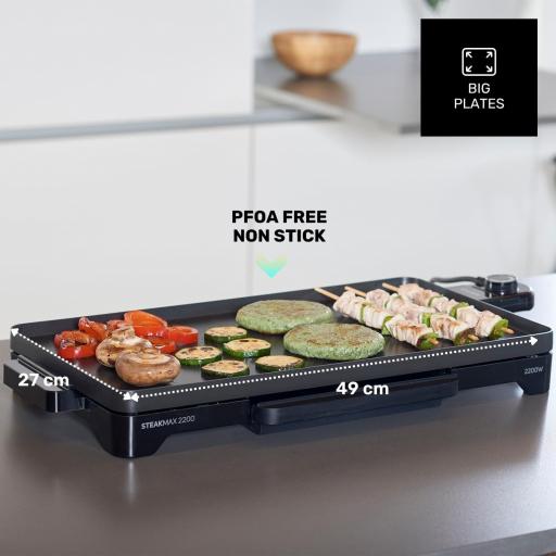 Taurus – Plancha de Asar Revestimiento Antiadherente, sin PFOA| 2200W| Gran Superficie 49 x 27 cm| Limpieza Fácil| Bandeja Recoge-Grasas| Pies Antideslizantes | Color Negro [2]