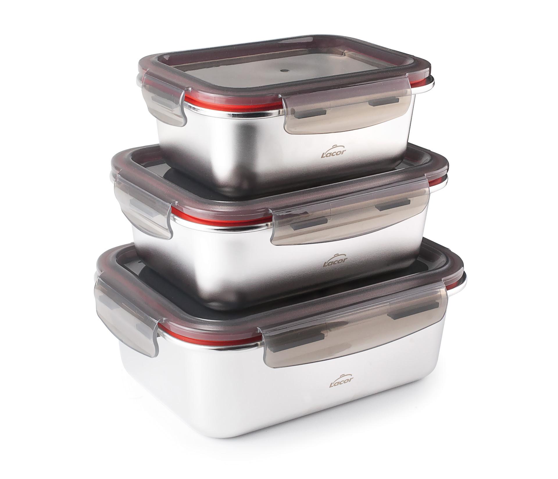 Set 3 Recipientes para alimentos Ecoinox LACOR Acero Inox 18/10 | Capacidades 800ml/1200ml/1800ml, rectangular, apto para horno, apto para lavavajillas, apto para microondas