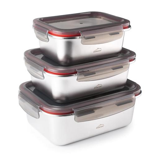 Set 3 Recipientes para alimentos Ecoinox LACOR Acero Inox 18/10 | Capacidades 800ml/1200ml/1800ml, rectangular, apto para horno, apto para lavavajillas, apto para microondas