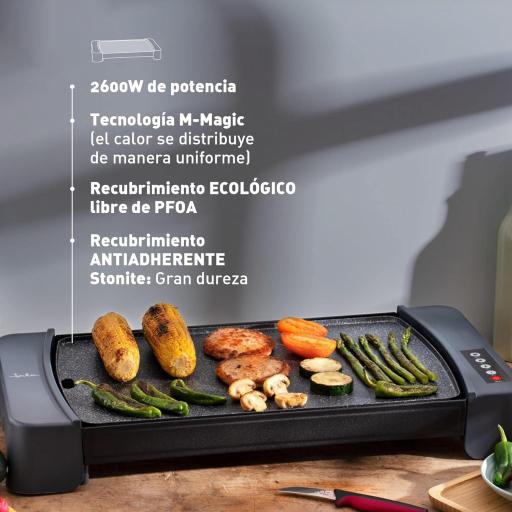  Plancha de asar Jata 2600w 4 temperaturas. Resistencia en M para una distribución del calor por toda la superficie. De gran superficie: 46 x 28 cm. Fácil limpieza. Antiadherente [1]