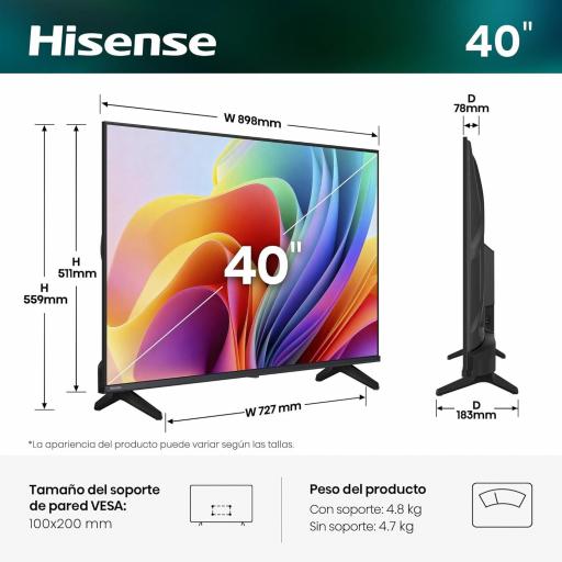 Tv" 40 Hisense - FHD , Dolby Audio, Share to TV, Reducción de Ruido, Modo Juego, Airplay, Smart Home Ready [Clase de eficiencia energética F] [0]
