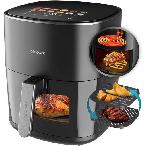 Freidora de Aire sin Aceite Cecotec 6,5L Plancha Grill Doble Resistencia Air Fryer 2200W, Dietética y Digital, Ventana, Temperatura Regulable 40-200°C, 12 Menús