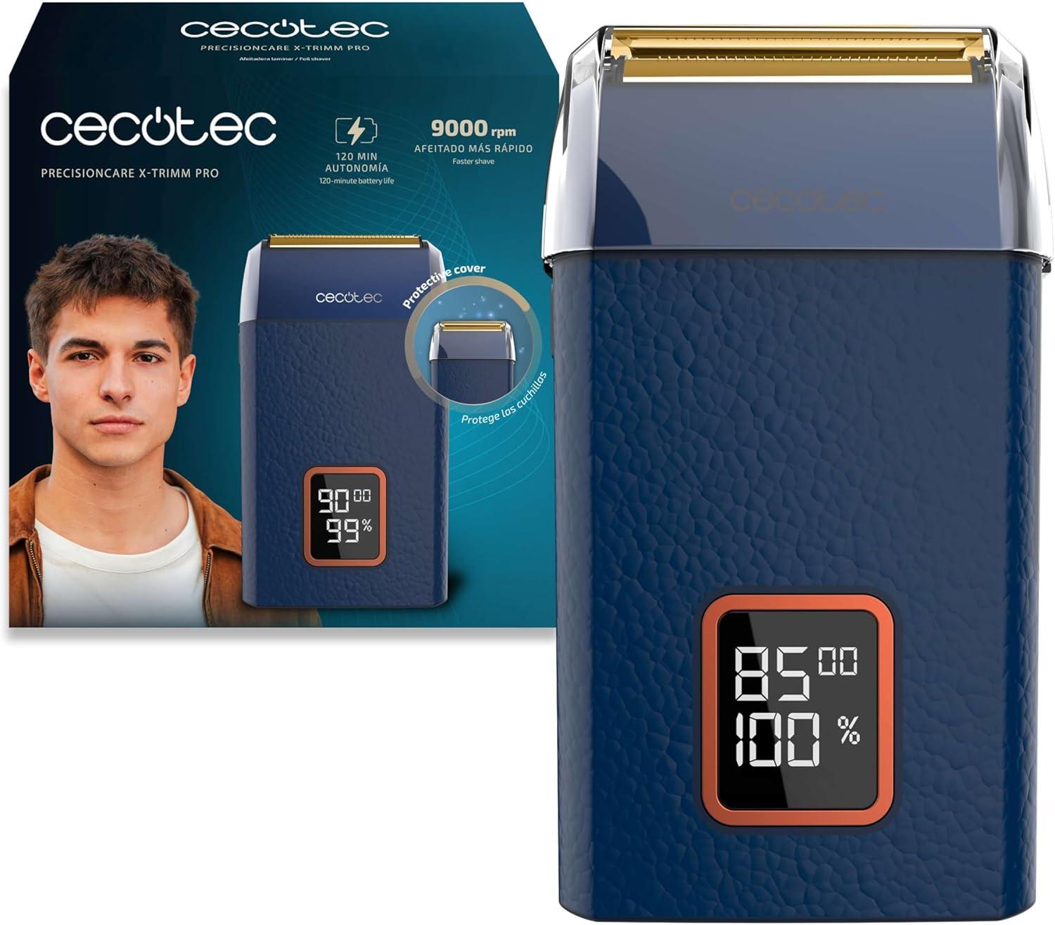 Afeitadora Laminar con Cuerpo de Cuero Cecotec Motor 9000RPM, 3 Velocidades, Cuchillas de Titanio, Pantalla LED con% de Batería y RPM, Autonomía 2h, Tapa