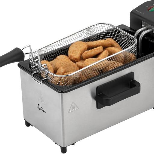  Freidora Aceite Jata 3 L 2000 W | Termostato ajustable con indicadores luminosos | Zona fría para aceite limpio y sin olores | Desmontable. Fácil limpieza | Cuerpo y tapa Acero Inoxidable
