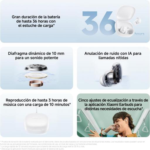 XIAOMI- Auriculares inalámbricos, cancelación de Ruido, Ligeros, hasta 36 Horas de autonomía, Bluetooth 5.4, Negro (Versión ES) [3]