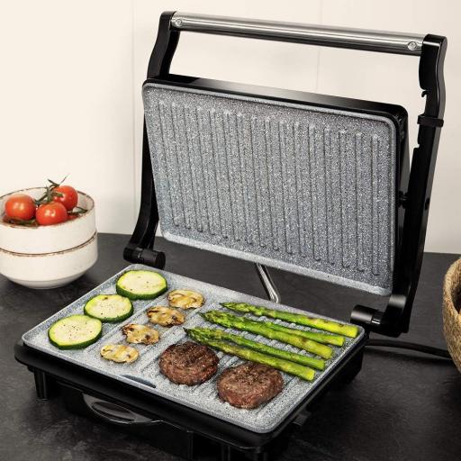 Parrilla Eléctrica grill Cecotec  1500 W, Revestimiento de Piedra Rockstone, Placa Superior Adaptable en Altura, Bandeja Recogegrasas, Revestimiento Ecológico, 12.4X30.8X33.2 Cm [1]