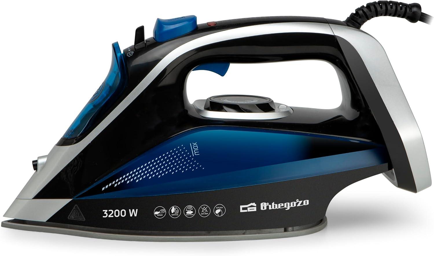 Orbegozo Plancha de Vapor 3200W, Vapor Continuo 45 g/min, Golpe de Vapor 220 g/min, Suela Cerámica con Punta de Precisión, Planchado Normal, Vertical y Seco, Sistema Anti Cal
