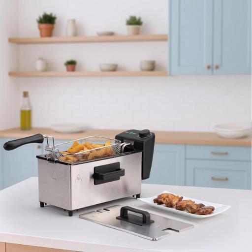  Freidora Aceite Jata 3 L 2000 W | Termostato ajustable con indicadores luminosos | Zona fría para aceite limpio y sin olores | Desmontable. Fácil limpieza | Cuerpo y tapa Acero Inoxidable [1]