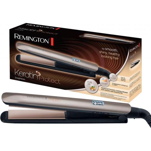  Plancha de Pelo Remington Keratin Protect, Queratina y Aceite Almendras, Placas Flotantes Extralargas, Resultados Profesionales, Cerámica, 9 Temperaturas hasta 230°C, Digital, Color Marrón, 