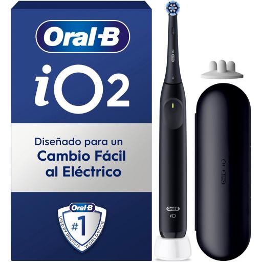 Oral-B iO 2 Cepillo de Dientes Eléctrico Negro Noche, 1 Cabezal, 1 Estuche De Viaje, 1 Portarrecambios, 3 Modos De Cepillado, Sensor De Presión y Temporizador, Diseñado por Braun