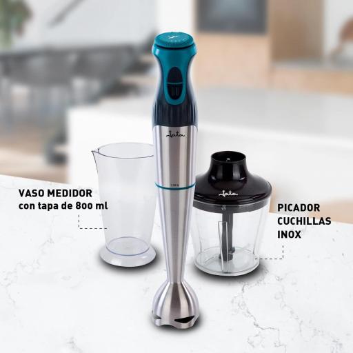 Batidora de Mano Jata 1200 W, Incluye Vaso Medidor 800 ml, Incluye Picadora, Doble cuchilla de acero inoxidable, Regulador electrónico de velocidad, Pie de acero inoxidable desmontable [2]