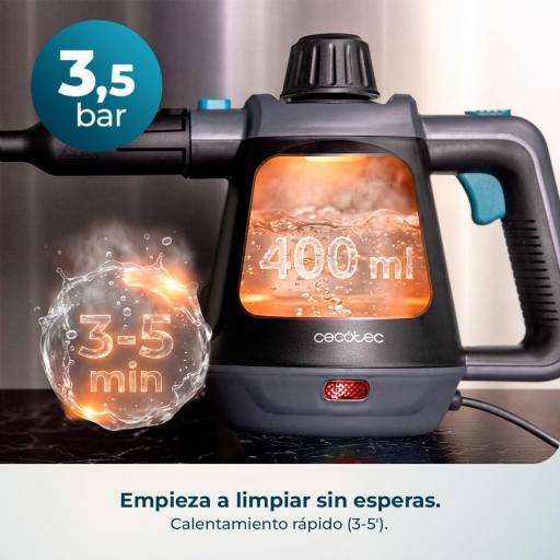  vaporeta de mano potente con 1200 W, depósito de 400 ml, gran kit de accesorios, 3,5 bares de presión y un caudal de vapor de 30 g/min para limpiar y desinfectar de forma rápida y efectiva. [1]