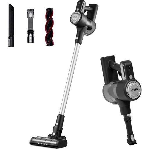  Aspirador Escoba Sin Cable Ufesa  Sin Bolsa, 20 KPA, Autonomía 40min, Batería de Litio 22.2V, 2 Velocidades, 2 Cepillos Intercambiables, Motor Brushless Digital, Cuerpo Desmontable