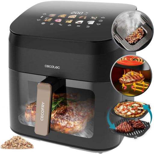 Freidora de Aire sin Aceite Cecotec  8,5L - Plancha - Grill - Doble Resistencia - Ahumador Integrado - Air Fryer  2200W, Temperatura Regulable 40-200°C, 10 Menús