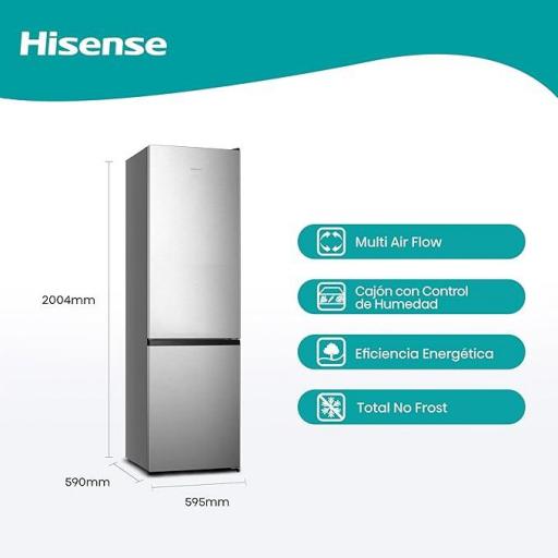  Frigorífico Combi hisense Eficiente Clase E, 200 cm Alto, Super Freeze, Botellero, Puerta Reversible, Silencioso 39dB, Color Inox [Clase de eficiencia energética E] [1]