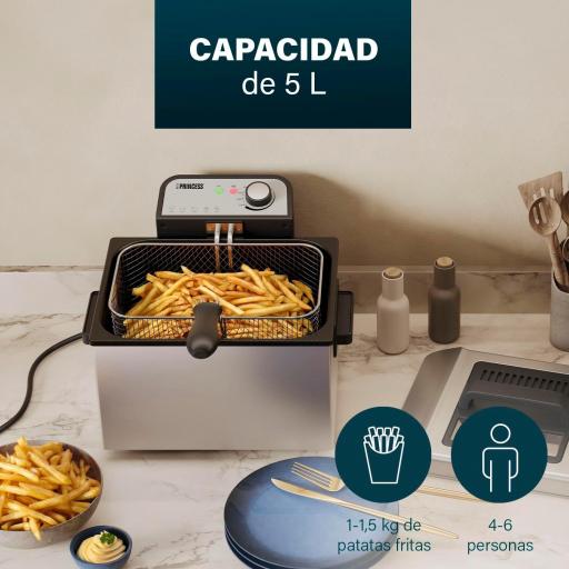 Freidora Princess  5 litros de capacidad, 3270 W, tecnología de zona fría, ventana de visualización, acero inoxidable, doble termostato, fácil de limpiar, piezas desmontables, [1]