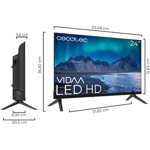  Televisión LED 24” cecotec con resolución HD con sistema Dolby, Smart TV VIDAA, WiFi Integrado, Salida de auriculares, 3 HDMI y 2 USB. [1]