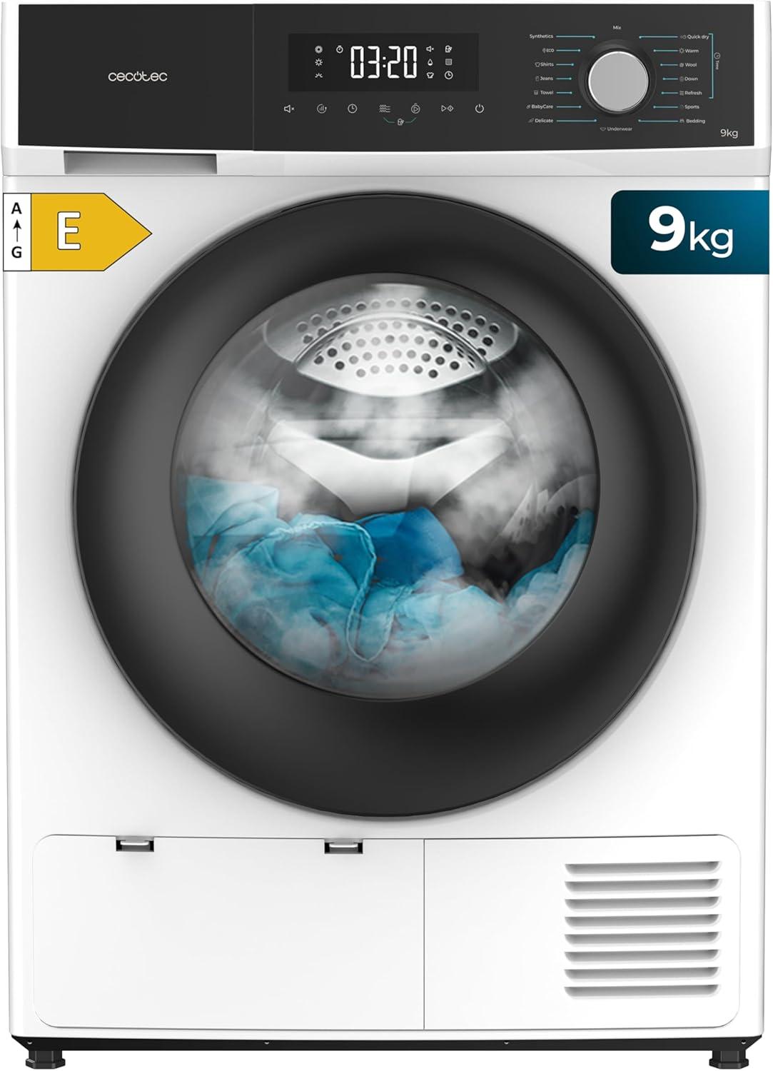 Secadora bomba de calor Cecotec 9kg, clase E (equivalente a clase A++), 15 programas y funciones como secado automático, giro bidireccional del tambor, Planchado Fácil, Stop&Go, Silence, Delay Start y KidLock