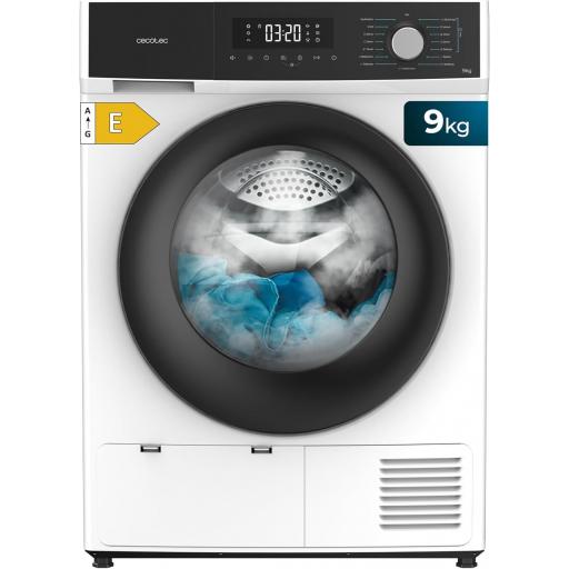 Secadora bomba de calor Cecotec 9kg, clase E (equivalente a clase A++), 15 programas y funciones como secado automático, giro bidireccional del tambor, Planchado Fácil, Stop&Go, Silence, Delay Start y KidLock