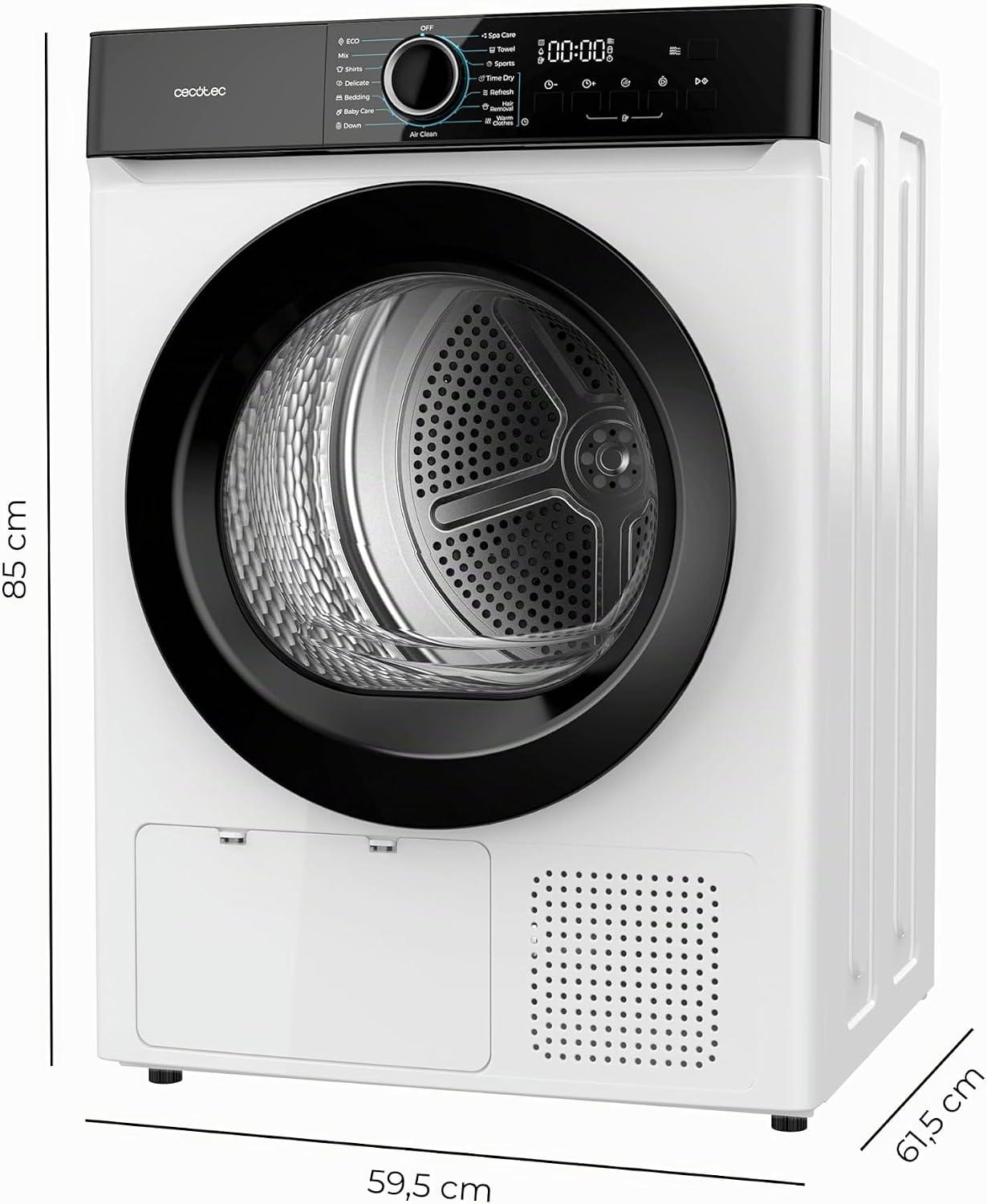 Secadora bomba de calor blanca Cecotec con capacidad de 8kg, clase E (Equivalente a la antigua clase A++), 15 programas con secado automático y funciones Spa Care, Antiarrugas, 4 niveles de intensidad de secado, luz interior, Delay Star
