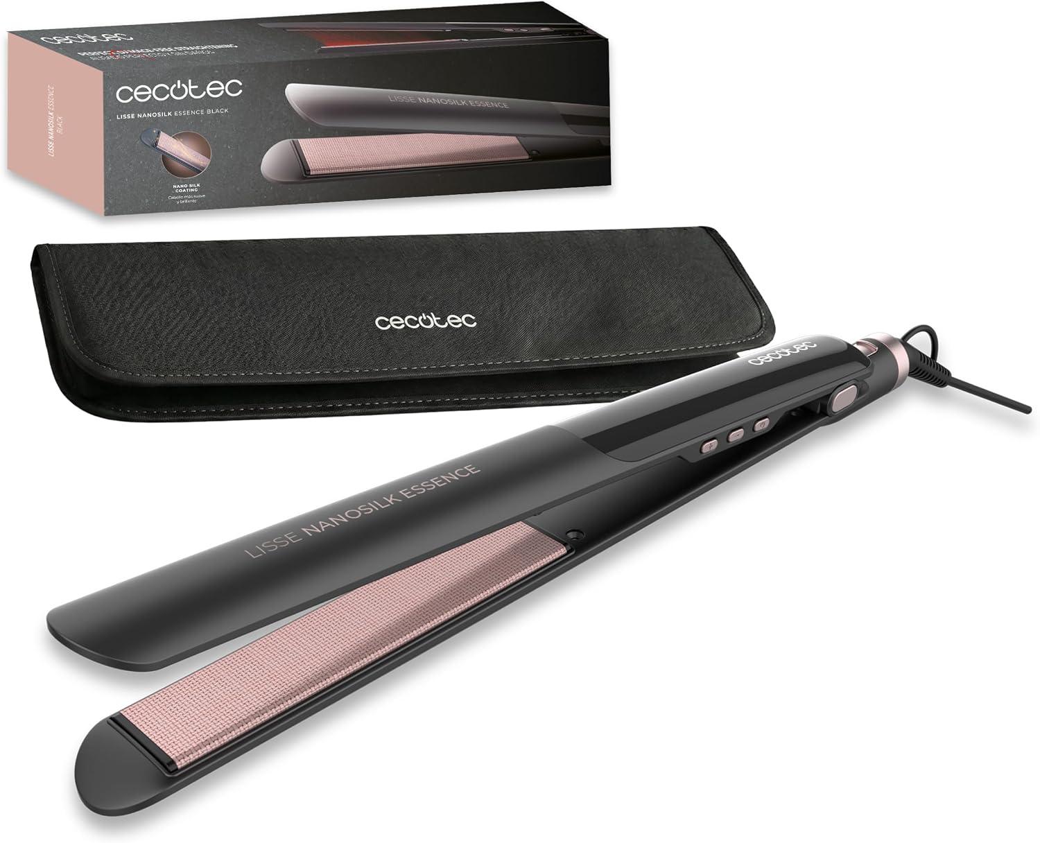 Plancha de Pelo Estrecha Cecotec Cerámica - Revestimiento NanoSilk, Función HeatMax, 130-230ºC, Queratina y Aceite de Argán, Apagado Automático, Bolsa de Viaje