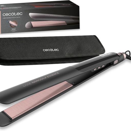 Plancha de Pelo Estrecha Cecotec Cerámica -  Revestimiento NanoSilk, Función HeatMax, 130-230ºC, Queratina y Aceite de Argán, Apagado Automático, Bolsa de Viaje [0]