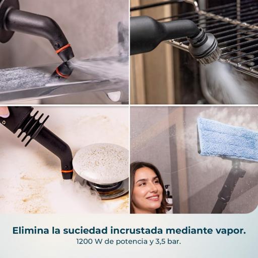  vaporeta de mano potente con 1200 W, depósito de 400 ml, gran kit de accesorios, 3,5 bares de presión y un caudal de vapor de 30 g/min para limpiar y desinfectar de forma rápida y efectiva. [2]