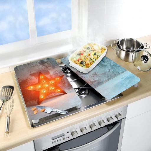 WENKO Placas cobertoras de vidrio universales Star Cubiertas de cocina, juego de 2 unidades, para todos los tipos de cocinas, Vidrio endurecido, 30 x 1.8-5.5 x 52 cm, Multicolor [1]