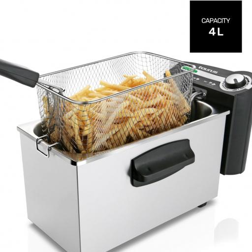  Freidora de aceite Taurus - 4L, 2200W. 2kg de patatas. Resistencia sumergida. Posición escurrido. Piloto luminoso. Regulador de temperatura. Desmontable. Acero inoxidable [Clase de eficiencia energética A++] [1]