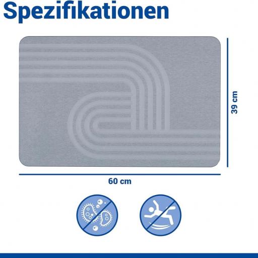 WENKO Alfombra diatomita de baño Mod Manhattan 60x39cm, alfombra de baño de secado rápido, antideslizante, gran capacidad de absorción de agua, alfombra de ducha absorbente, gris