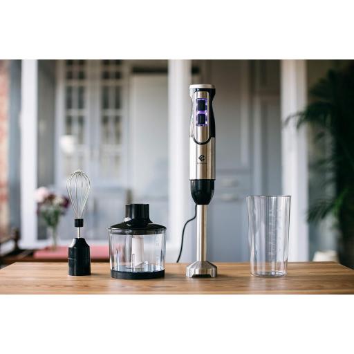 Batidora de Mano Family Care  1000W, 4 Cuchillas Titanio QuattroBlade muy Afiladas, 8 Velocidades + Turbo, Pie Desmontable de Acero Inoxidable, 3 Accesorios, Iluminación LED [1]