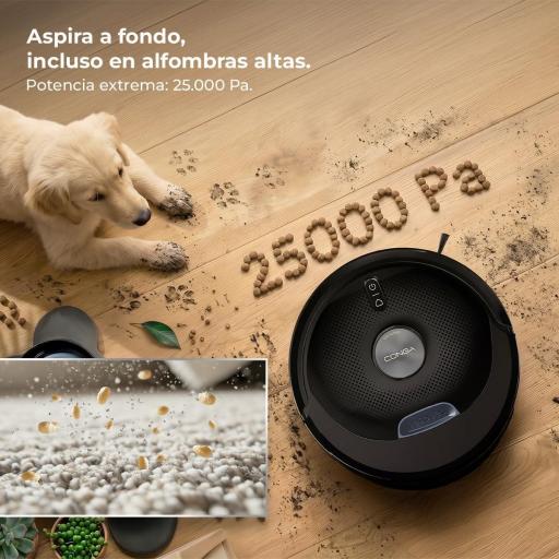  Robot aspirador Conga M80 Dark con Navegación láser. 25000 Pa de succión del motor. Autonomía de hasta 240 minutos en modo Eco. Cepillo silicona, ideal para casas con mascotas. Compatible con Bluetooth y WiFi para redes 2,4 GHz. [3]
