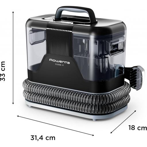 Lava-Aspirador de tapicerías multiuso Rowenta Clean It, Gran depósito extraíble de 1,8 L de agua limpia y 1,5 L de agua residual, Diseño compacto, 12,5 kPa, 400 W, Autolimpieza, Blanco y Negro, IN5010 [1]
