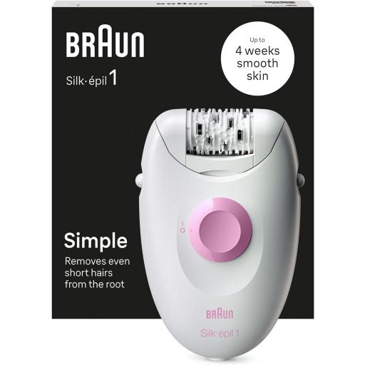 Depiladora Braun Silk•épil 1  Con Cable Para La Eliminación Del Vello, Semanas De Piel Suave, Blanca/Rosa