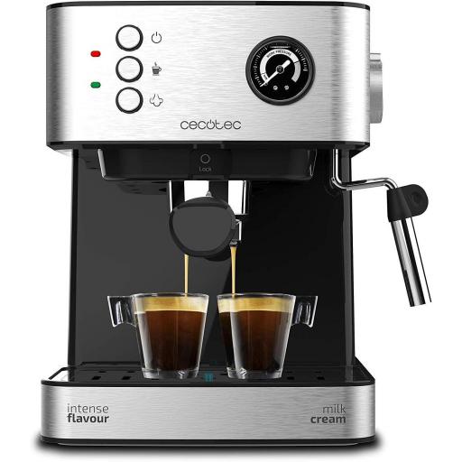 Cafetera Express CECOTEC de 850 W, 20 Bares, Manómetro, Depósito de 1,5L, Brazo Doble Salida, Vaporizador, Superficie Calientatazas, Acabados en Acero Inoxidable