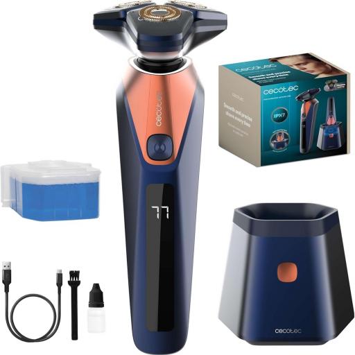 Cecotec Afeitadora Rotativa con Base Autolimpieza  3-5 mins, Incluye Líquido de Autolimpieza, Autonomía 90min, Cuchillas de Titanio, Resistente al Agua IPX7