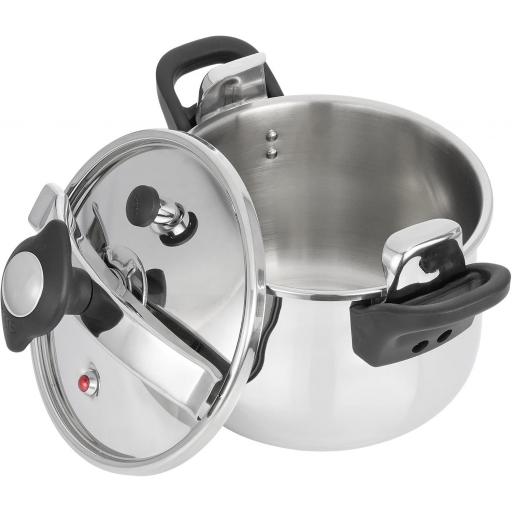 JATA HOGAR - Olla Express a Presión Rápida de 4 litros de acero inoxidable. 3 sistemas de seguridad. Apta para todo tipo de cocinas, incluida inducción. Súper rápida. Fácil uso [1]