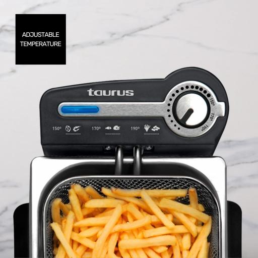  Freidora de aceite Taurus - 4L, 2200W. 2kg de patatas. Resistencia sumergida. Posición escurrido. Piloto luminoso. Regulador de temperatura. Desmontable. Acero inoxidable [Clase de eficiencia energética A++] [2]